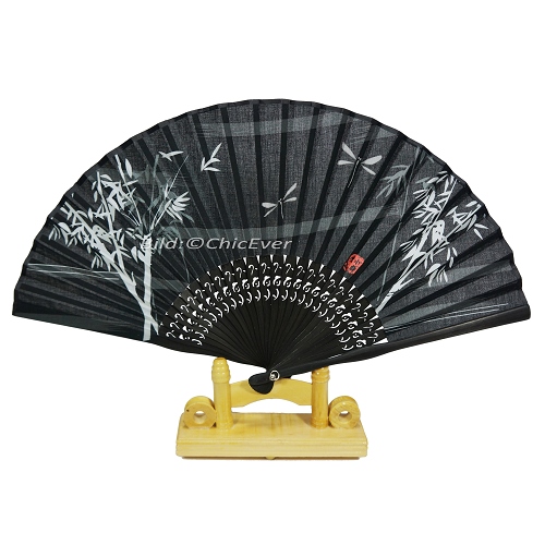 Fächer Handfächer aus Bambus & Leinen schwarz weiß Handarbeit 6641 - zum Schließen ins Bild klicken